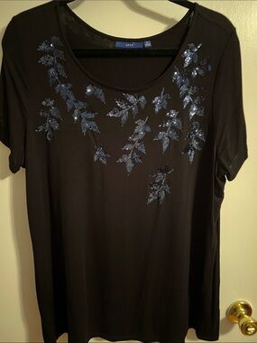 Apt. 9 Black Short-Sleeve Tee with Blue Sequin Leaf Accents